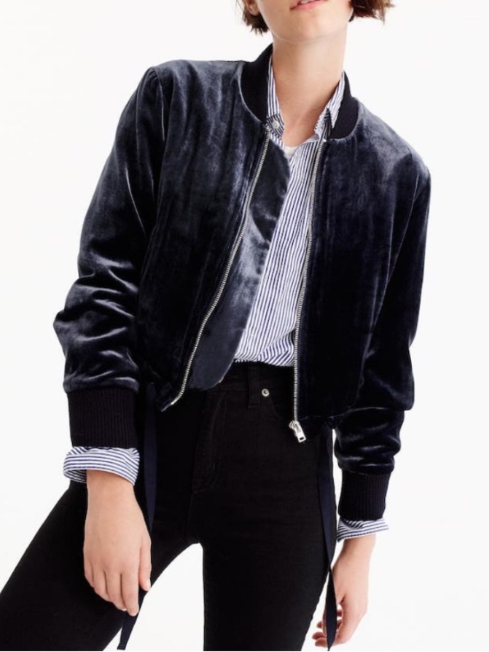 J. Crew midnight blue velvet cropped bomber jacket ribbon drawstring sz small